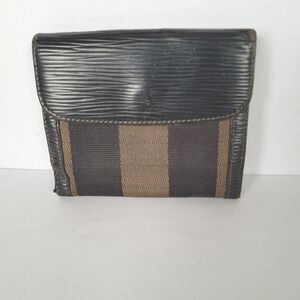 Fendi Vintage Pequin Wallet Canvas Leather Wallet Black Purse Bifold Compact